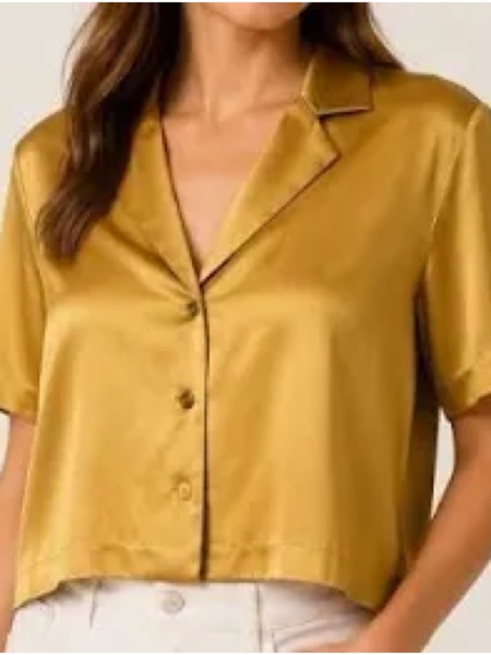 Rachel Zoe Satin Short-Sleeve Button-Down Top in Mustard Gold
